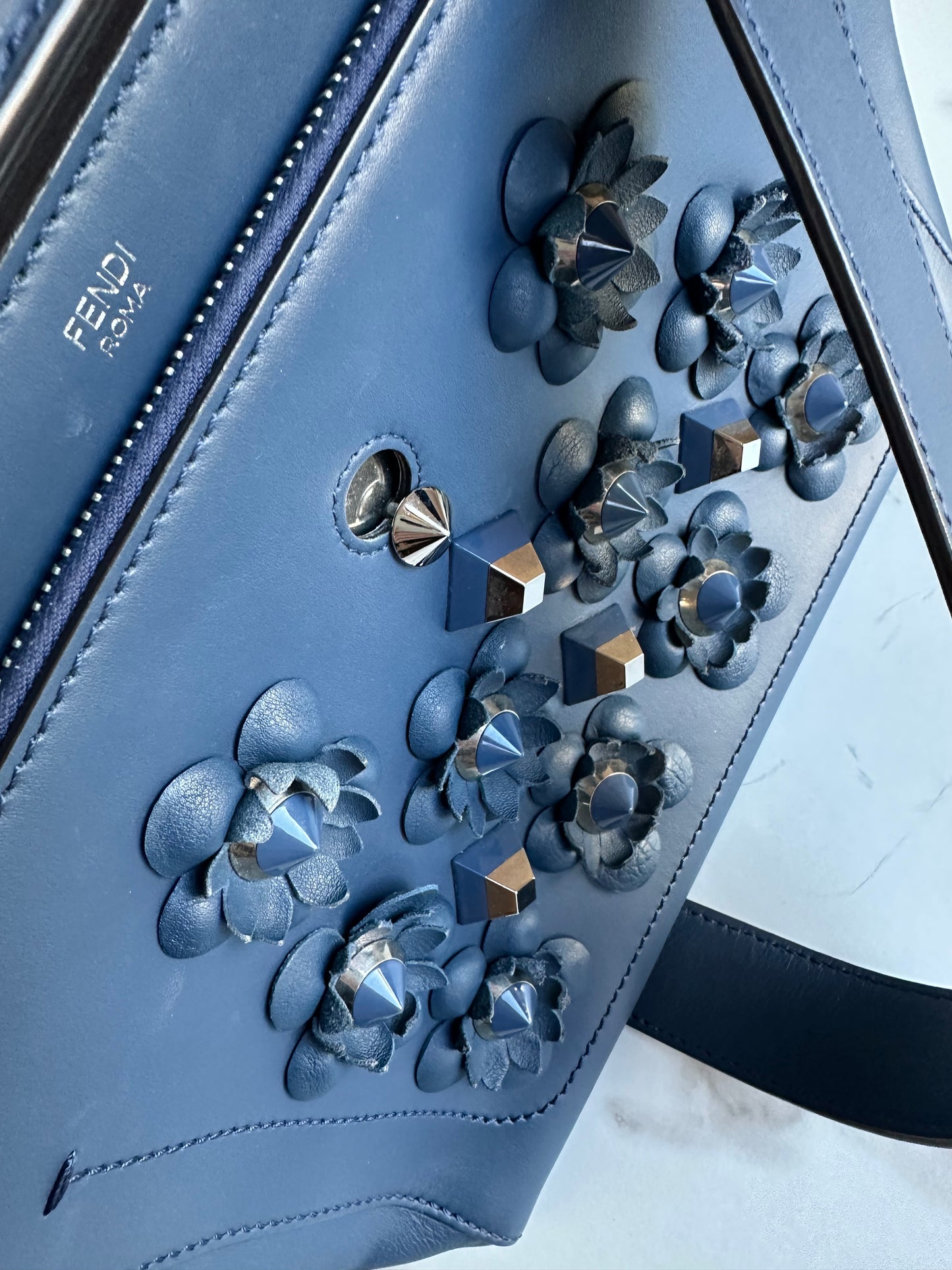 Fendi Dotcom Medium Flower Studded Denim Blue Satchel