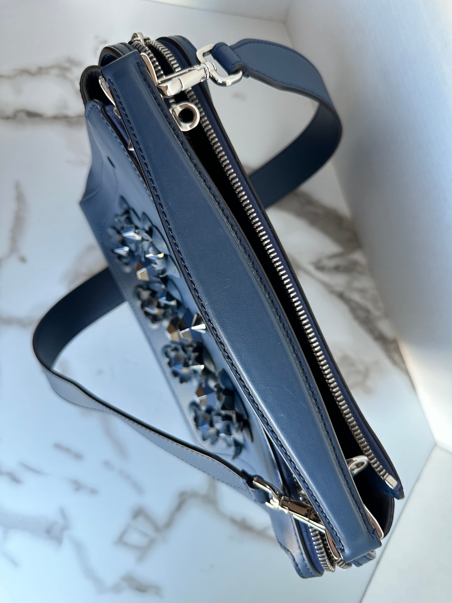 Fendi Dotcom Medium Flower Studded Denim Blue Satchel