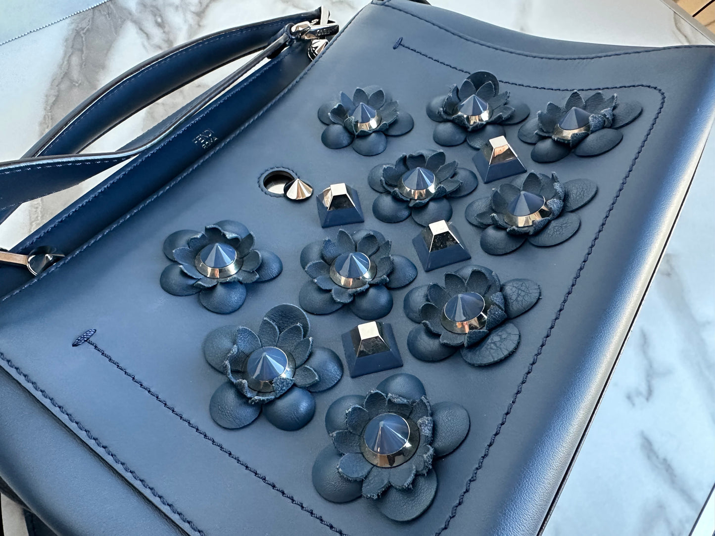 Fendi Dotcom Medium Flower Studded Denim Blue Satchel