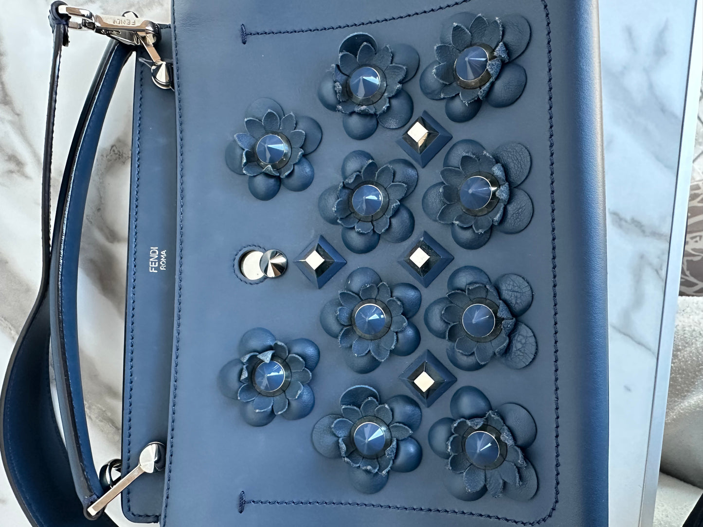Fendi Dotcom Medium Flower Studded Denim Blue Satchel