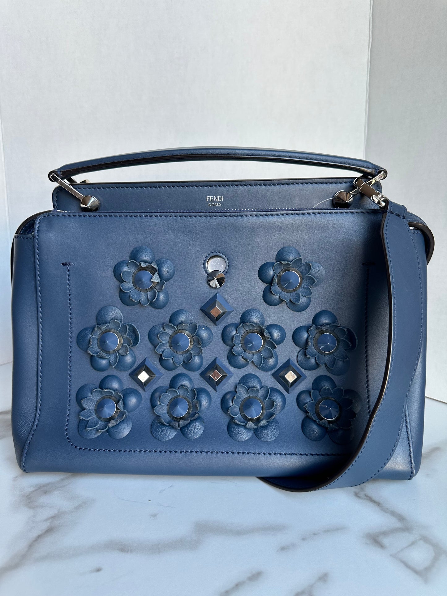 Fendi Dotcom Medium Flower Studded Denim Blue Satchel