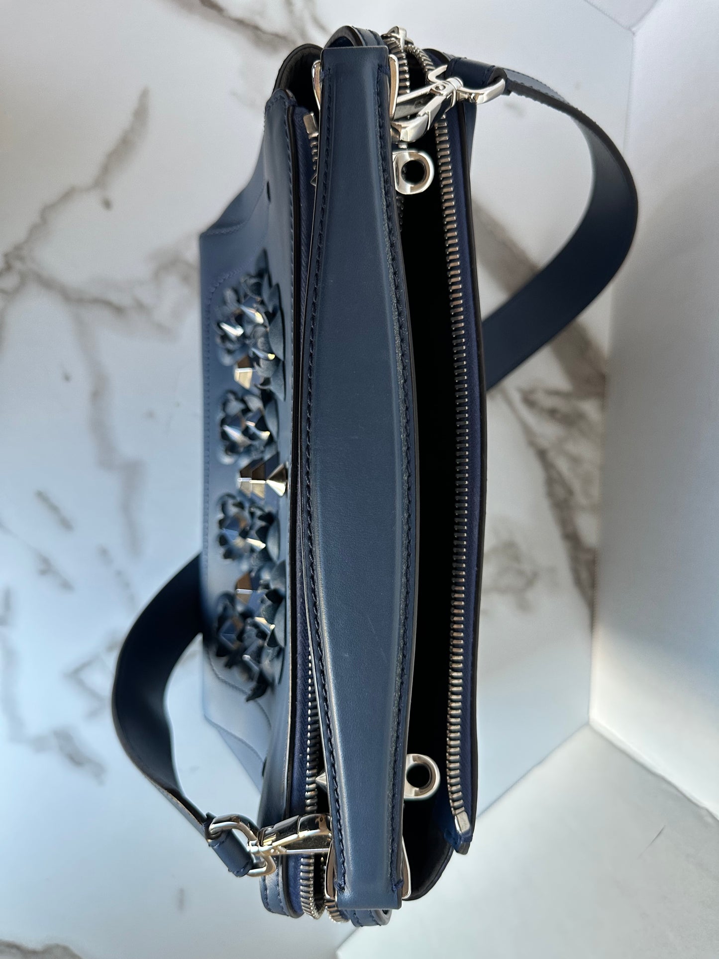 Fendi Dotcom Medium Flower Studded Denim Blue Satchel