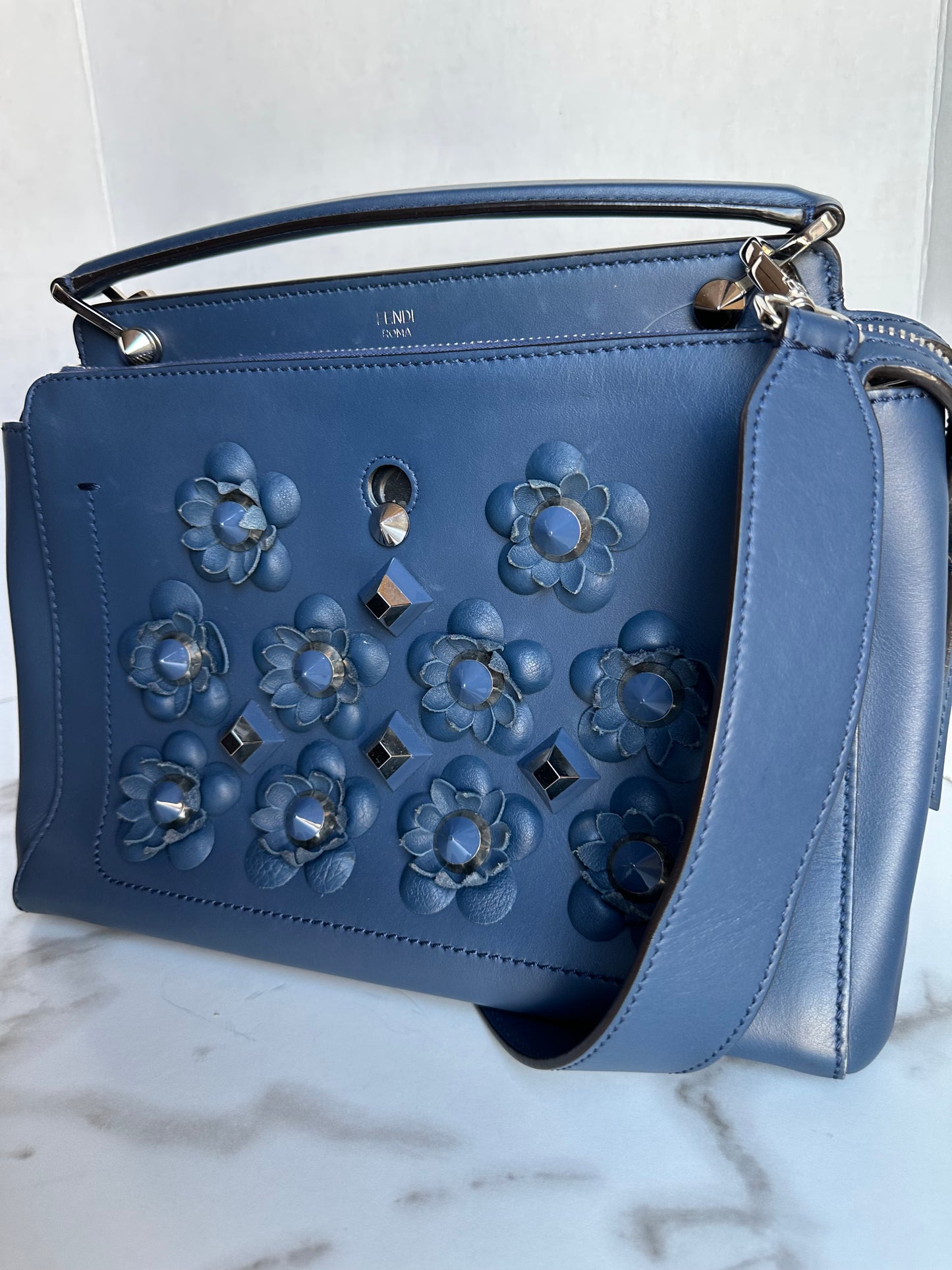 Fendi Dotcom Medium Flower Studded Denim Blue Satchel