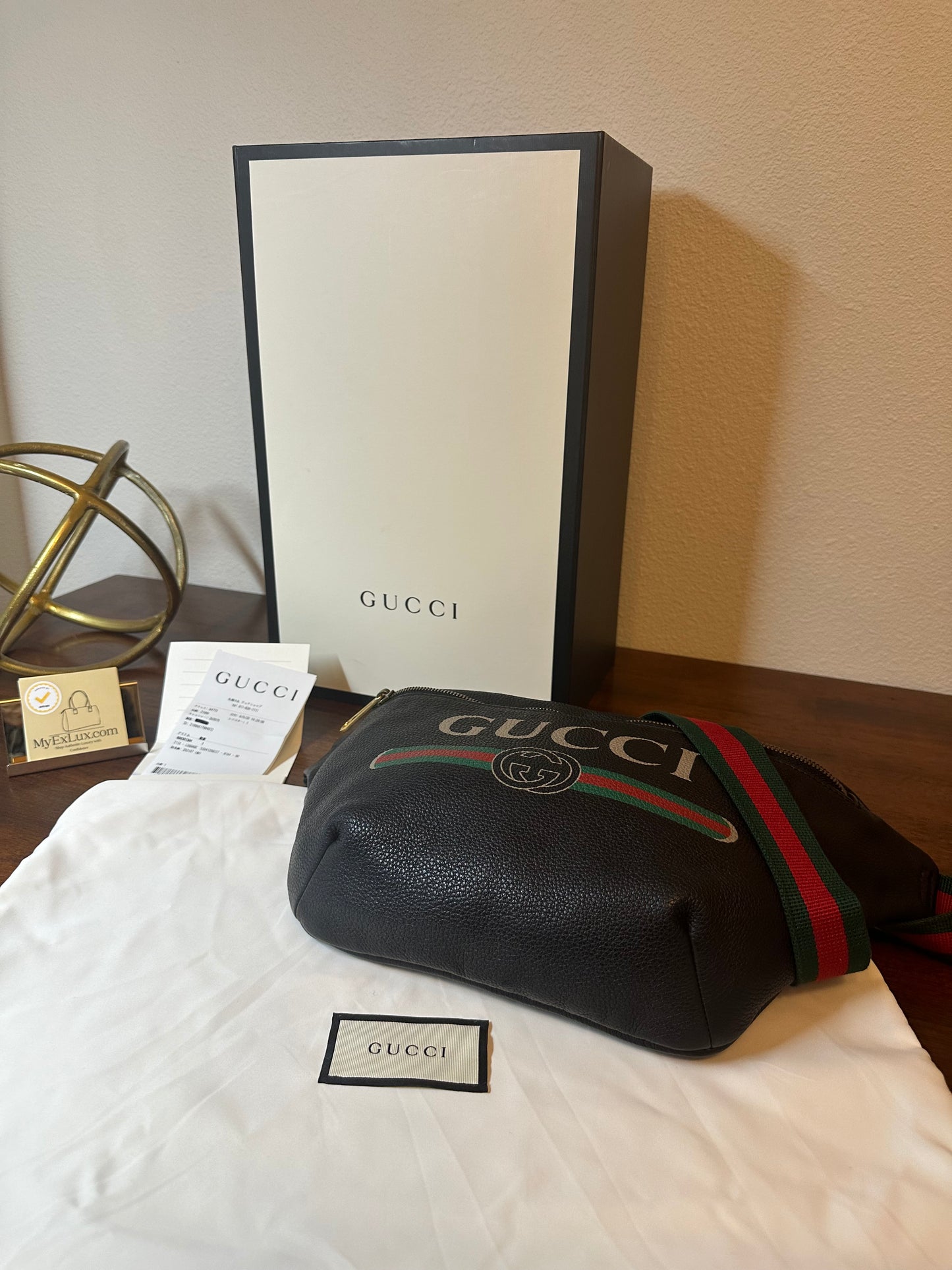 Gucci Black Pebbled Leather Logo Belt Bag