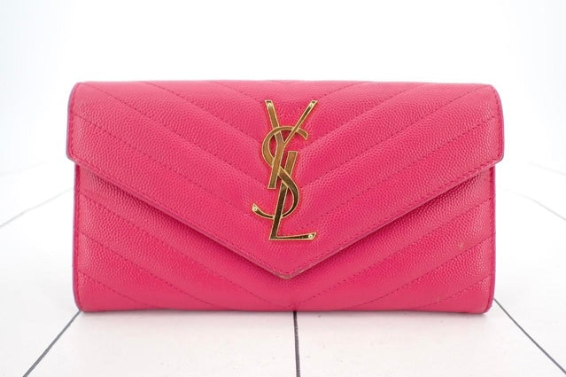 YSL Caviar Leather Flap Crossbody Purse Clutch WOC Hot pink and Gold