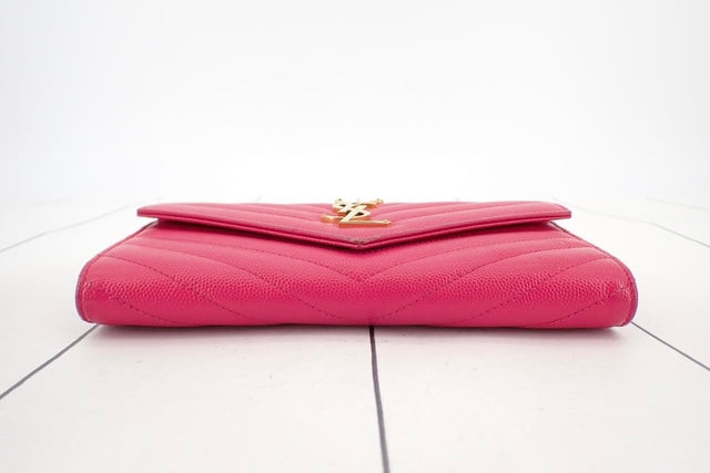 YSL Caviar Leather Flap Crossbody Purse Clutch WOC Hot pink and Gold