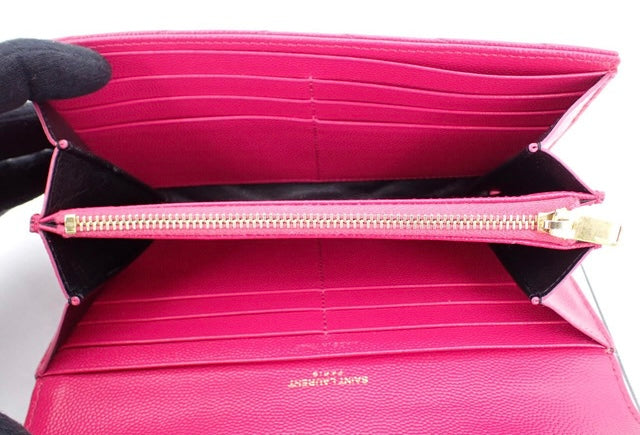 YSL Caviar Leather Flap Crossbody Purse Clutch WOC Hot pink and Gold