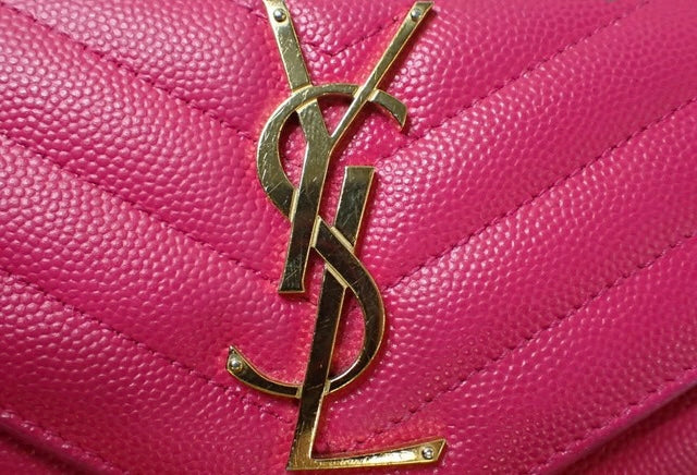 YSL Caviar Leather Flap Crossbody Purse Clutch WOC Hot pink and Gold