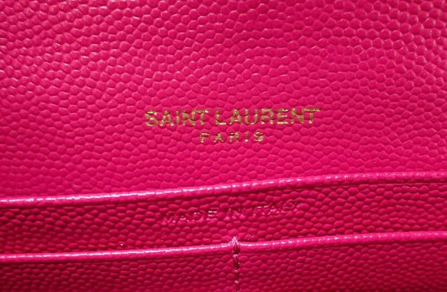 YSL Caviar Leather Flap Crossbody Purse Clutch WOC Hot pink and Gold