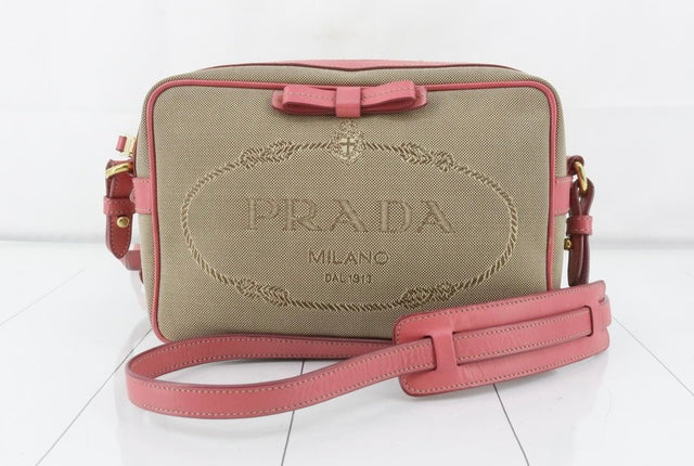 PRADA PINK JACQUARD CANVAS LOGO CAMERA BAG