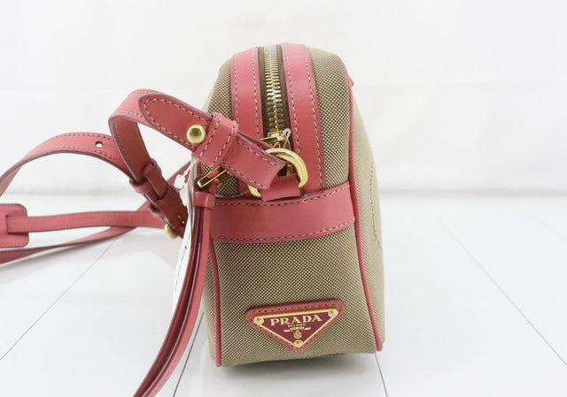 PRADA PINK JACQUARD CANVAS LOGO CAMERA BAG