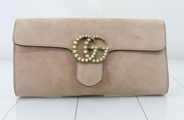 GUCCI suede Pearly GG Marmont Clutch blush pink