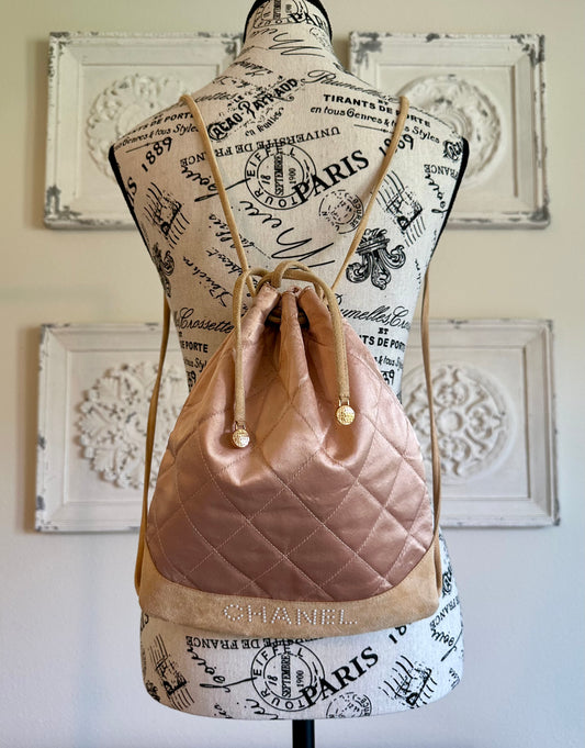 Chanel Vintage Quilted Satin and Suede Drawstring Backpack