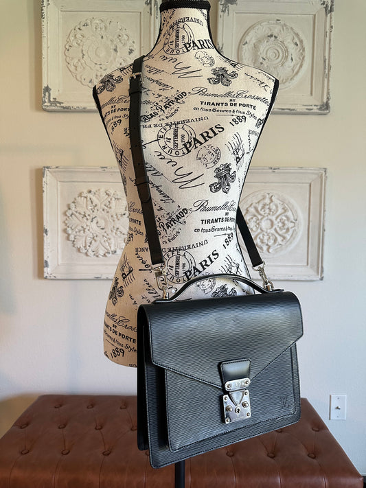 Available LOUIS VUITTON black Epi Monceau 28 Hand Bag 2way