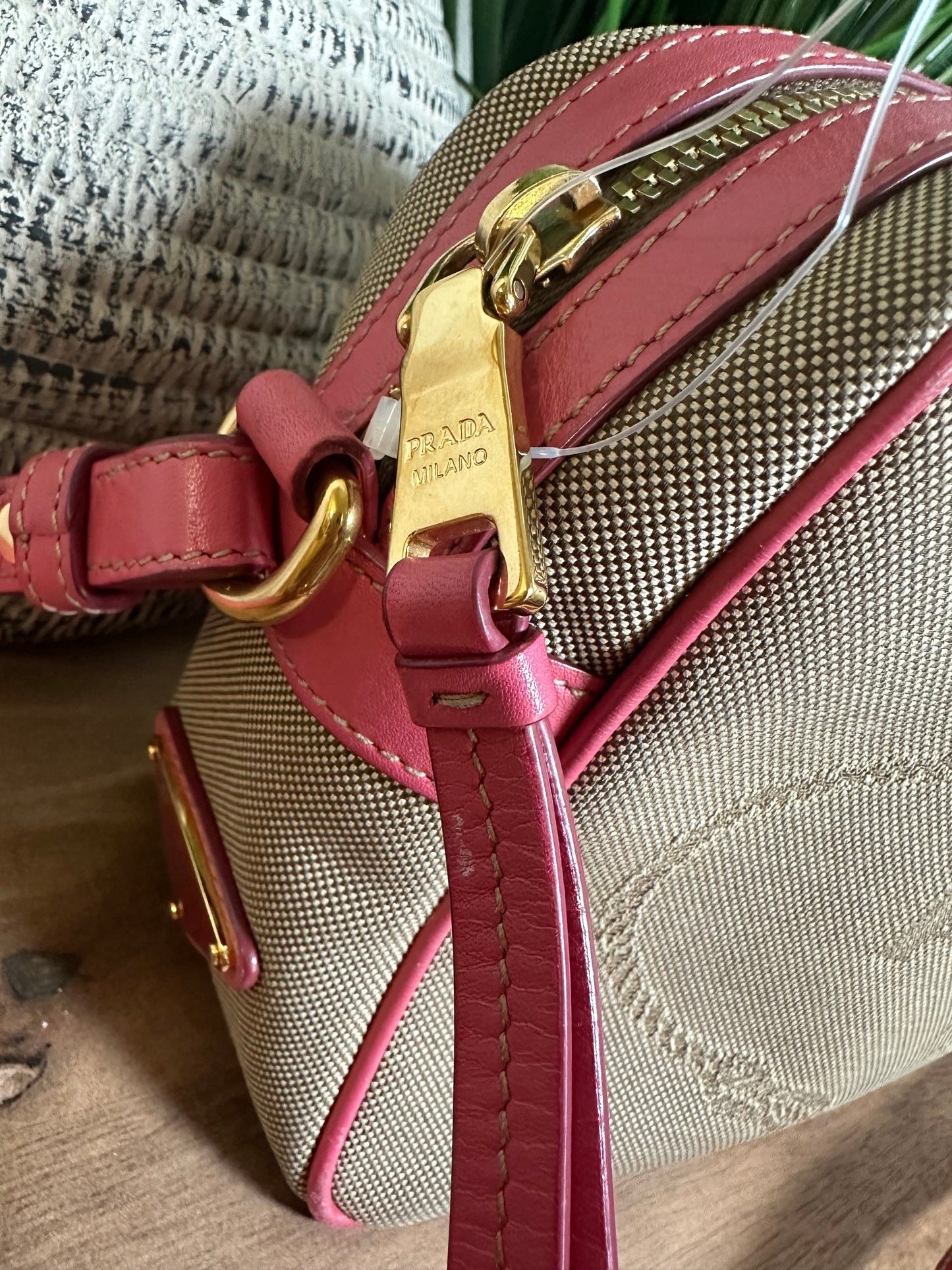 PRADA PINK JACQUARD CANVAS LOGO CAMERA BAG