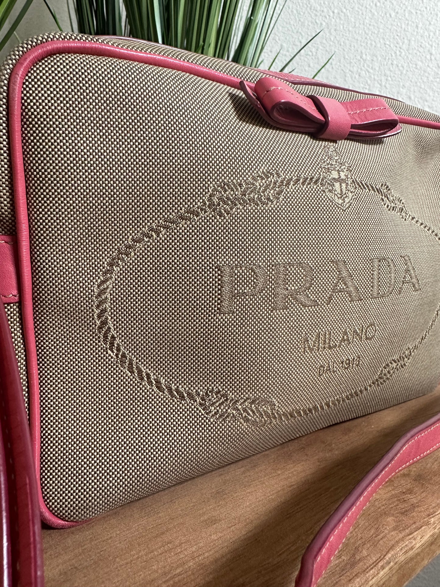 PRADA PINK JACQUARD CANVAS LOGO CAMERA BAG