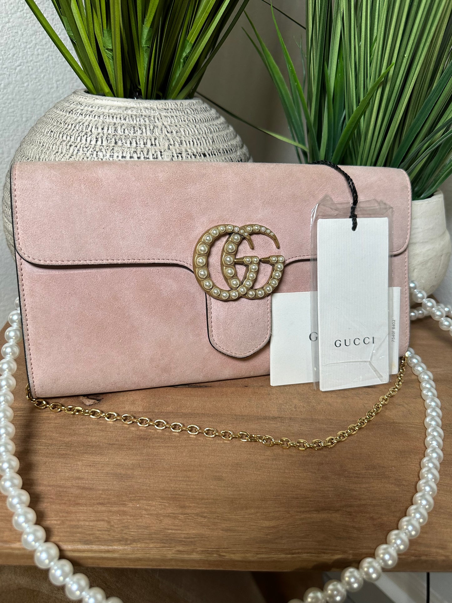 GUCCI suede Pearly GG Marmont Clutch blush pink