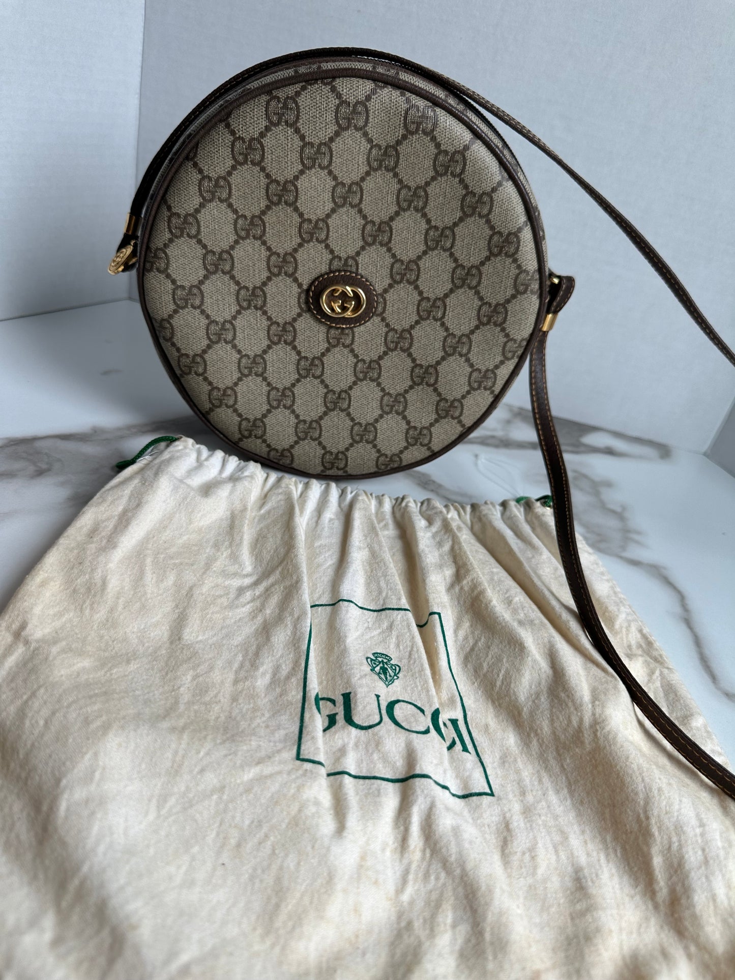 Available Gucci round Ophidia Monogram Canvas Canteen Bag Classic Brown