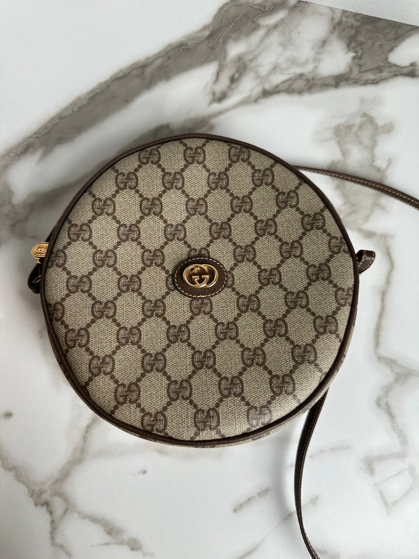 Available Gucci round Ophidia Monogram Canvas Canteen Bag Classic Brown
