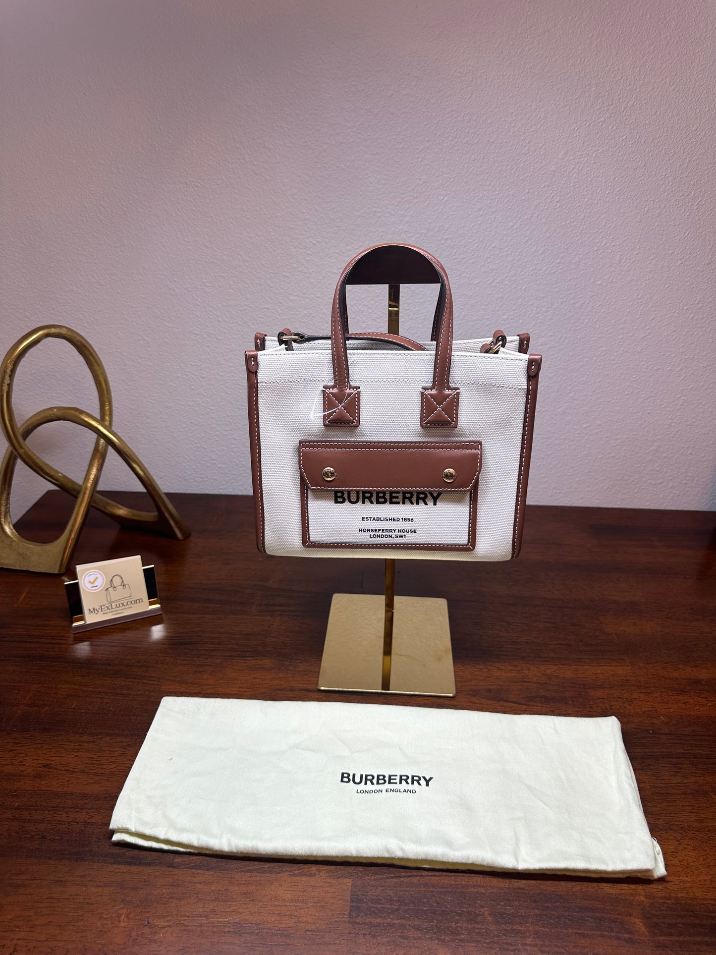 New Burberry Mini Freya Tote Bag Cotton x Calf Natural Tan