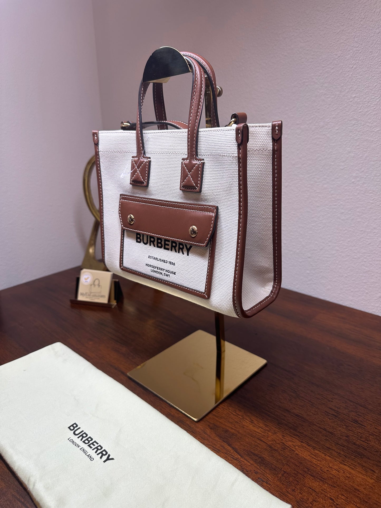 New Burberry Mini Freya Tote Bag Cotton x Calf Natural Tan