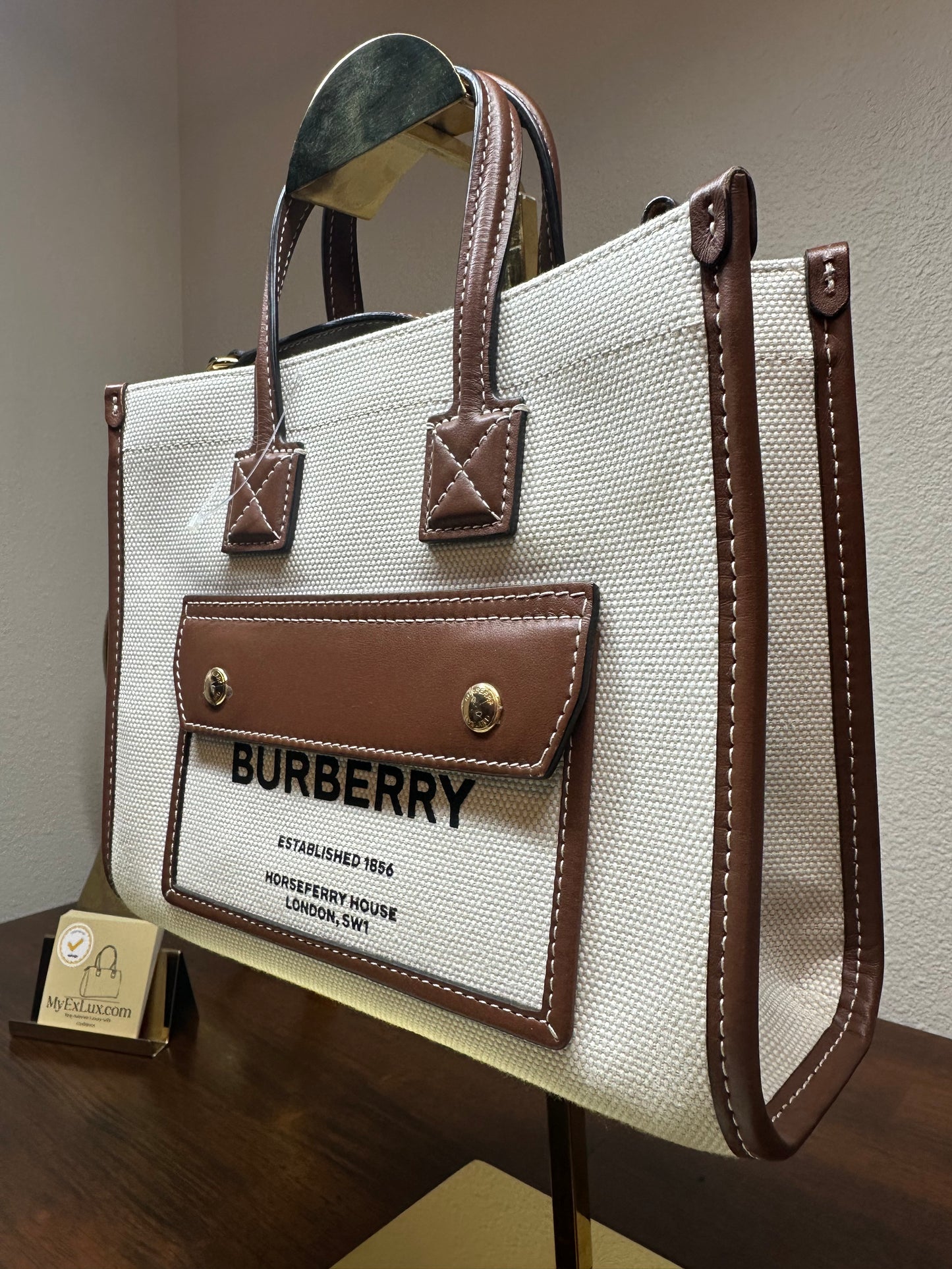 New Burberry Mini Freya Tote Bag Cotton x Calf Natural Tan