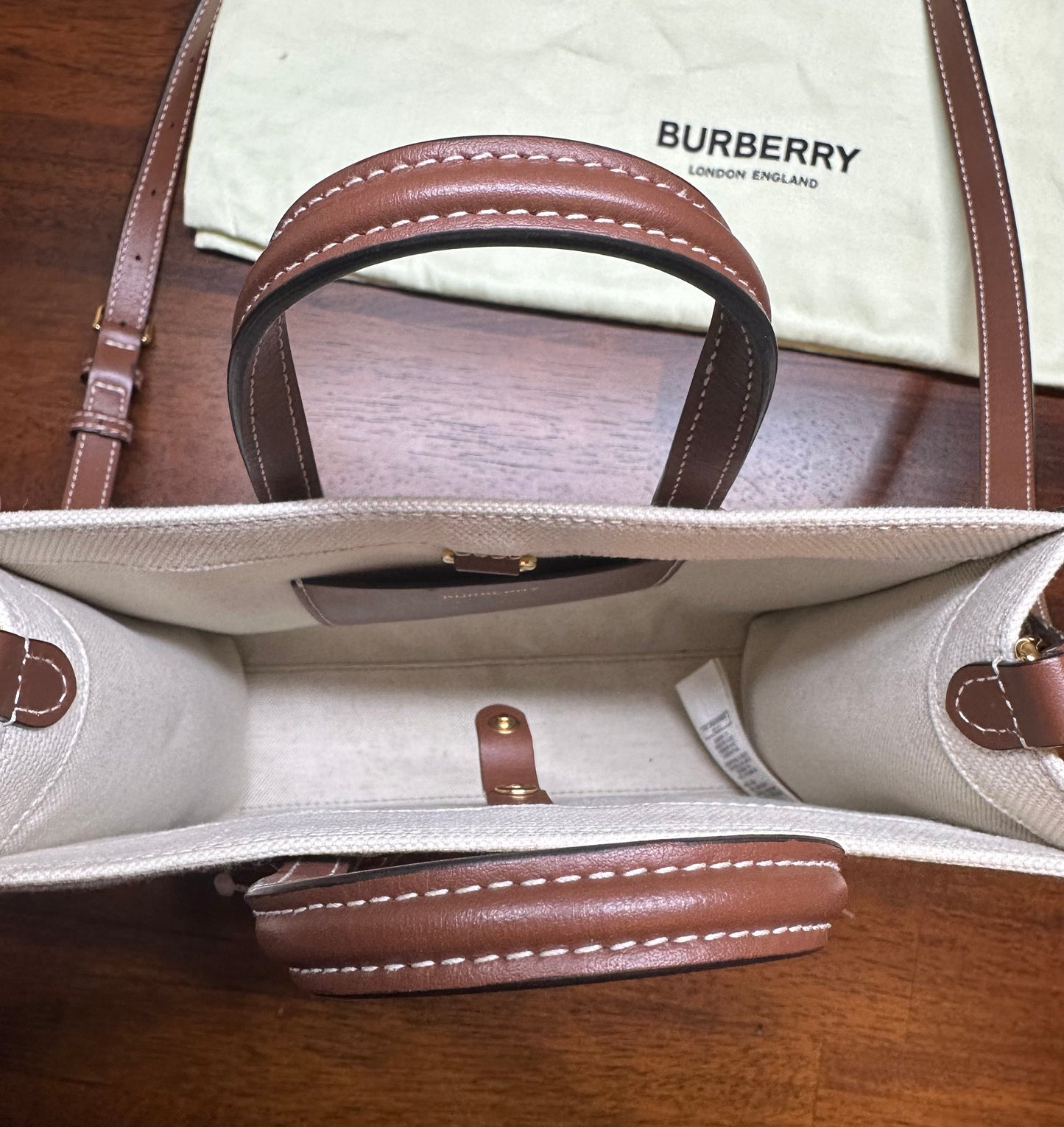 New Burberry Mini Freya Tote Bag Cotton x Calf Natural Tan