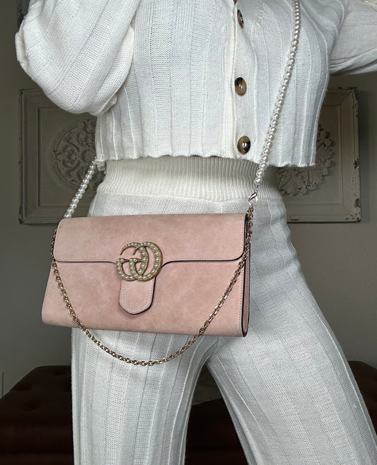 GUCCI suede Pearly GG Marmont Clutch blush pink