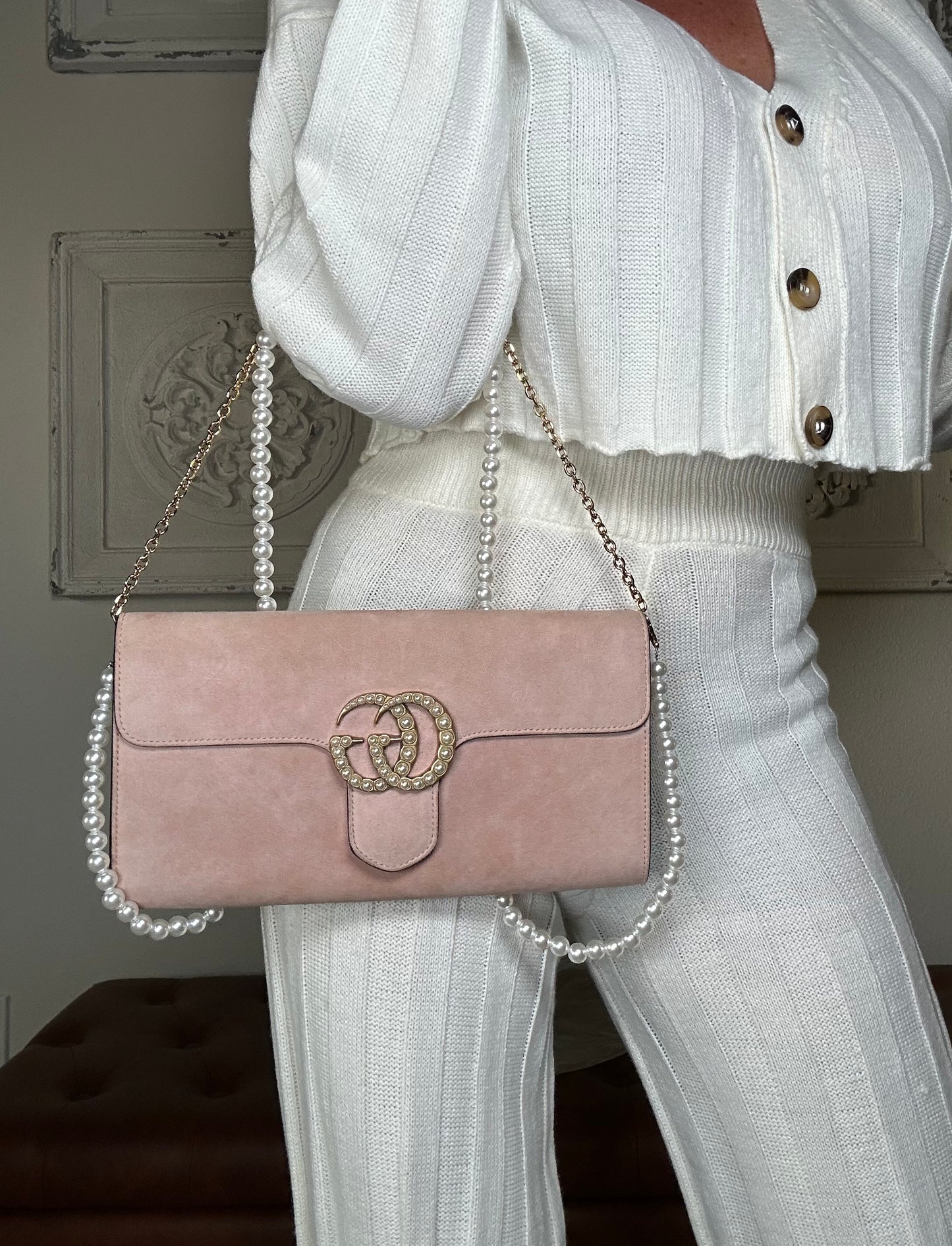 GUCCI suede Pearly GG Marmont Clutch blush pink